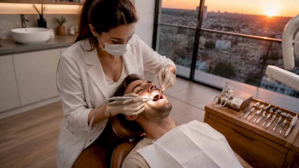 O igienistă dentară își desfășoară cu profesionalism procedura de curățare a dinților unui pacient.
