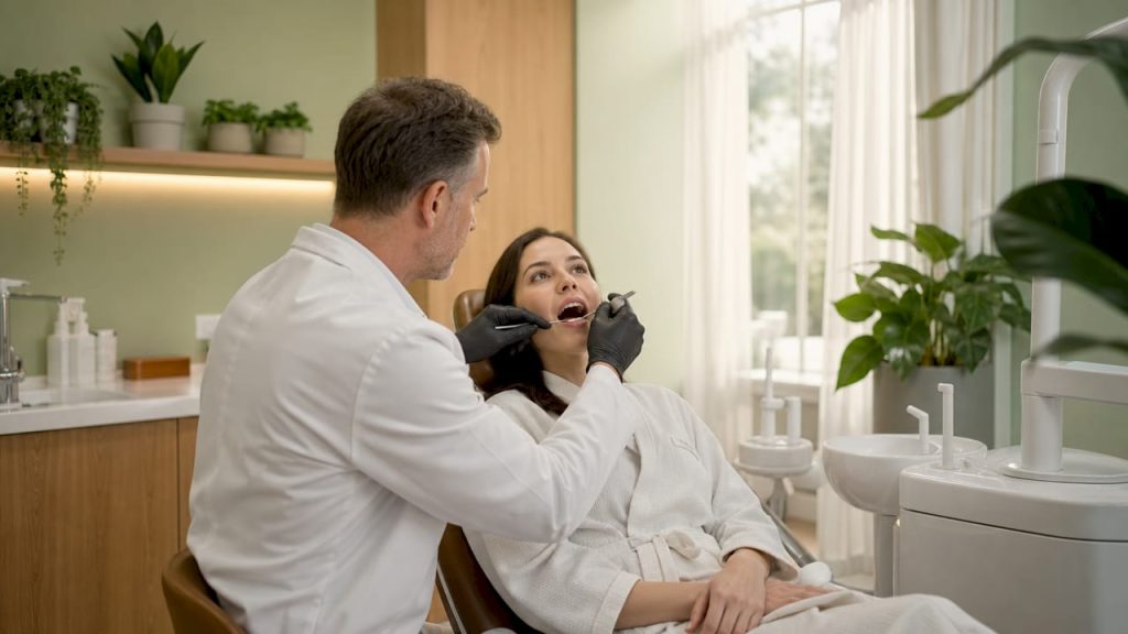 Medicul stomatolog verifică atent evoluția pacientului în timpul unei proceduri de autotransplant dentar.