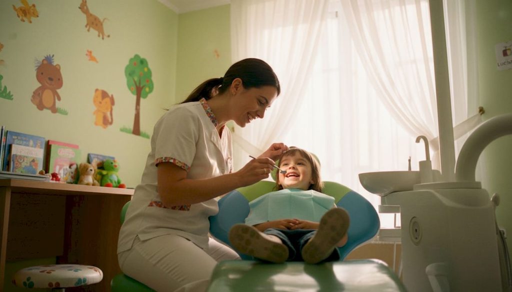 Stomatolog pediatru consultând un copil într-un cabinet plin de culoare