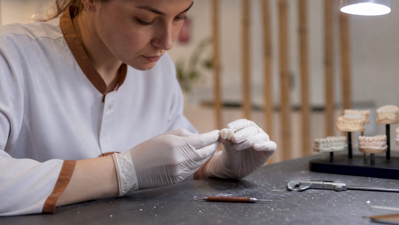 Două mâini țin cu grijă o coroană dentară din ceramică, într-un laborator stomatologic.