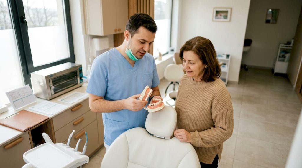 Medicul stomatolog îi explică pacientului ce sunt și la ce folosesc coroanele dentare, răspunzând la întrebări și clarificând pașii necesari pentru aplicare.