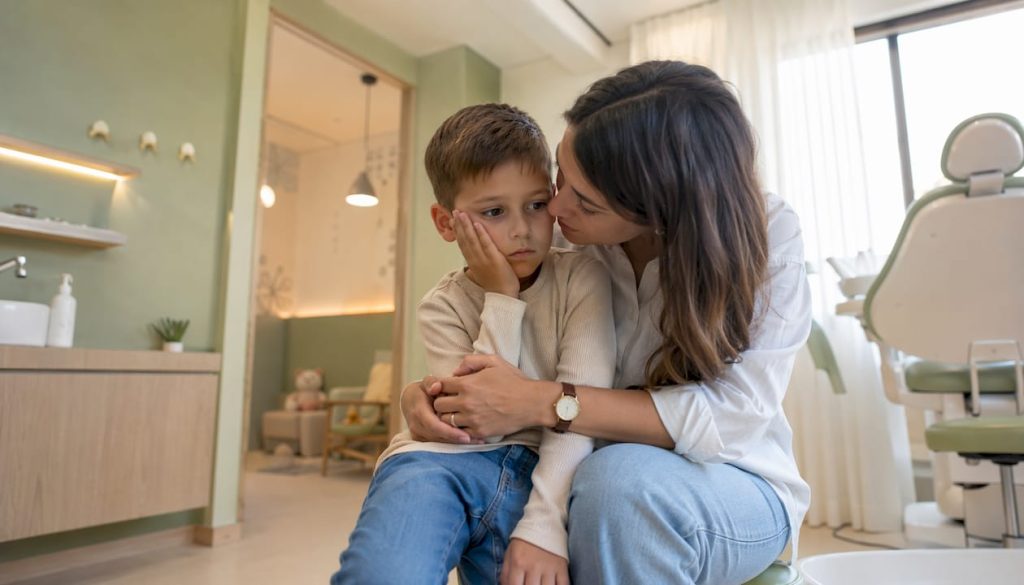 O mamă își liniștește copilul după ce acesta s-a lovit la dinți, încercând să-l facă să uite de durere și să-i redea încrederea că totul va fi bine.