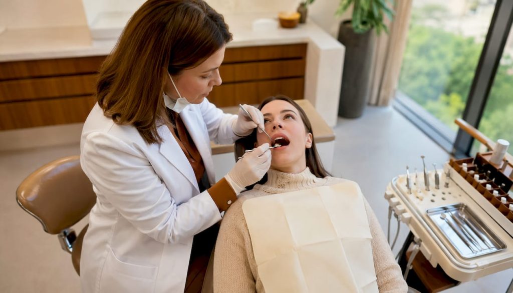 Medicul stomatolog evaluează dantura pacientului înainte de a începe procedura estetică.