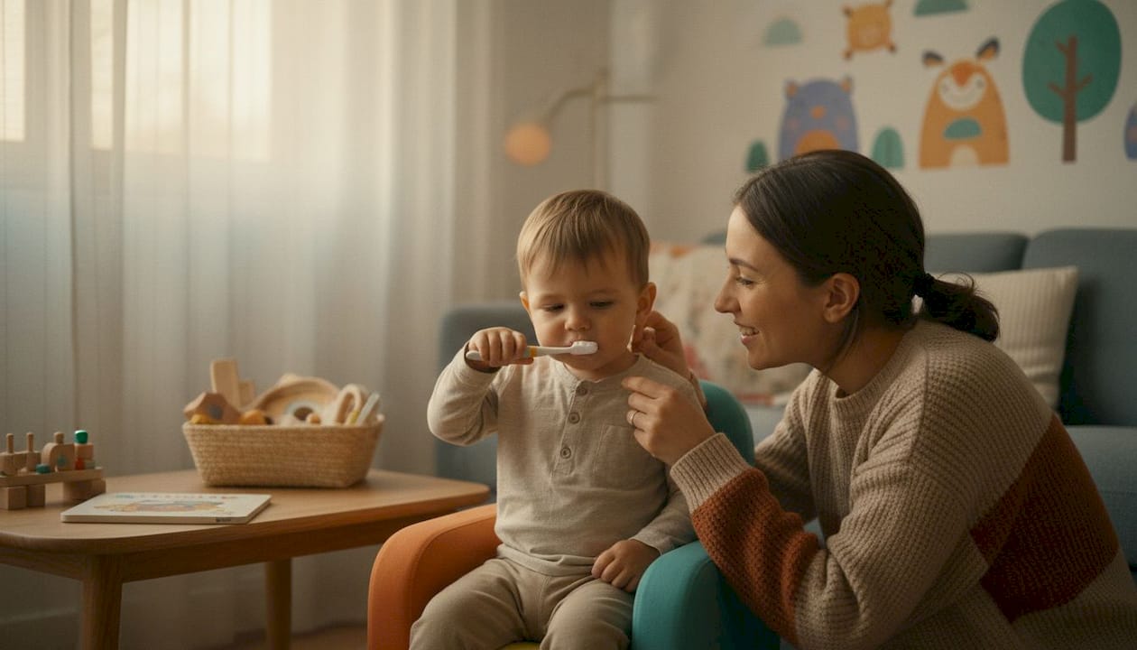 O mamă își ajută copilul să se spele pe dinți la chiuvetă.