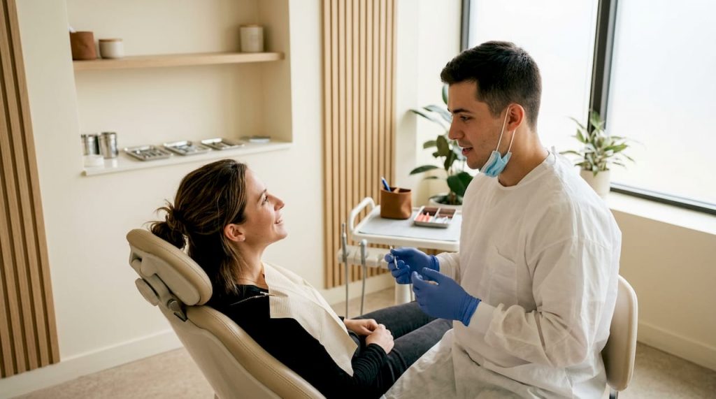 Un pacient își face un control stomatologic la medicul dentist.