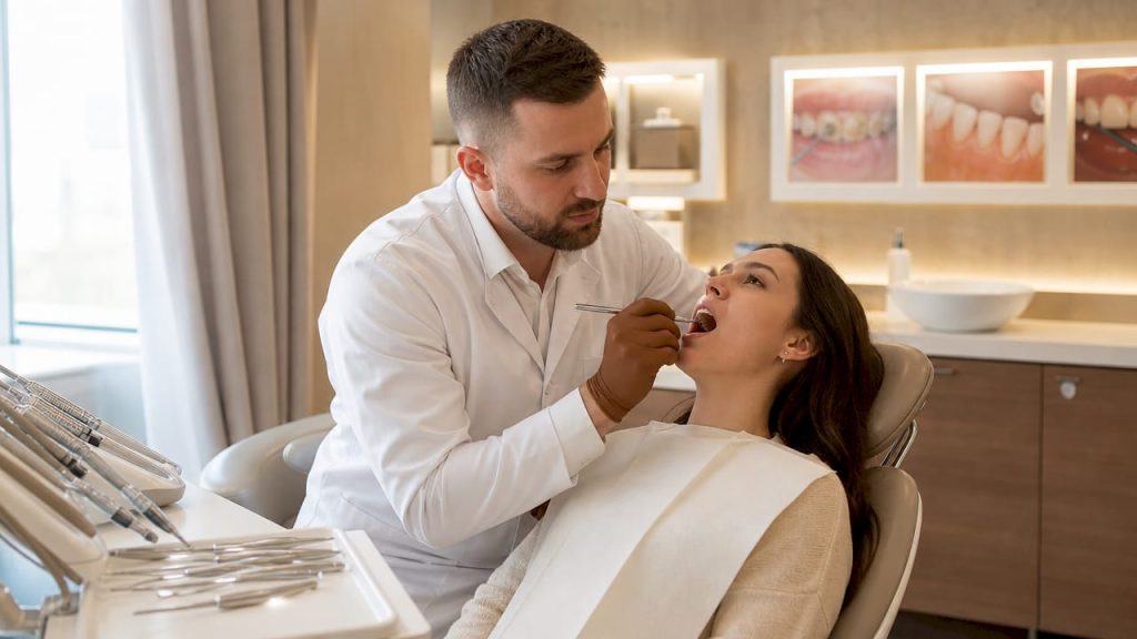 Medicul dentist verifică depunerile de tartru de pe dinții unei paciente.