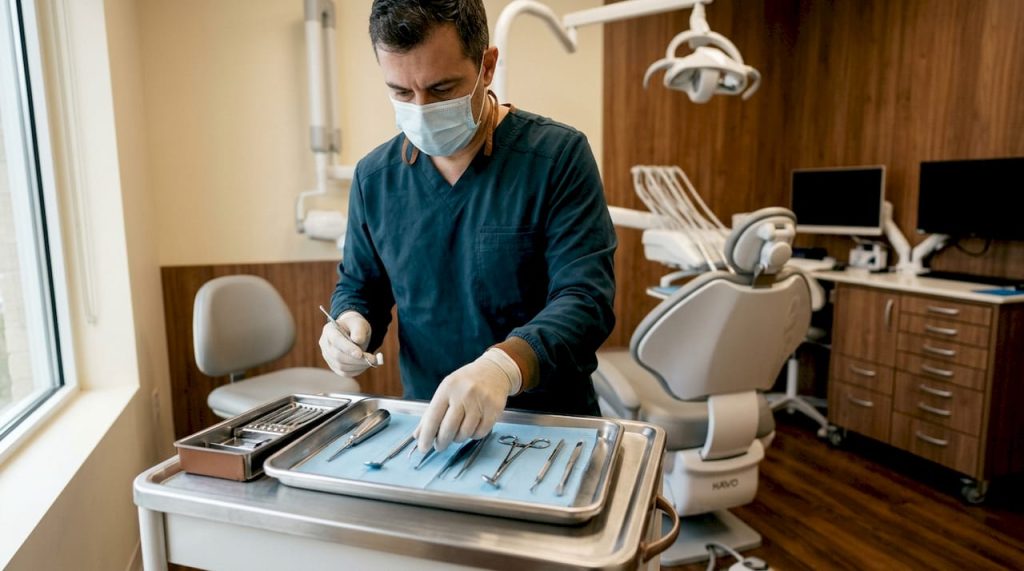 Chirurgul oro-maxilo-facial își pregătește instrumentele pentru intervenția de îndepărtare a unui chist.
