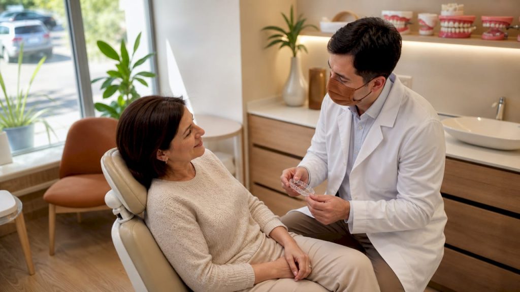 Medicul stomatolog îi prezintă pacientului diferitele opțiuni pentru îndreptarea dinților și îi explică ce presupune fiecare soluție ortodontică.