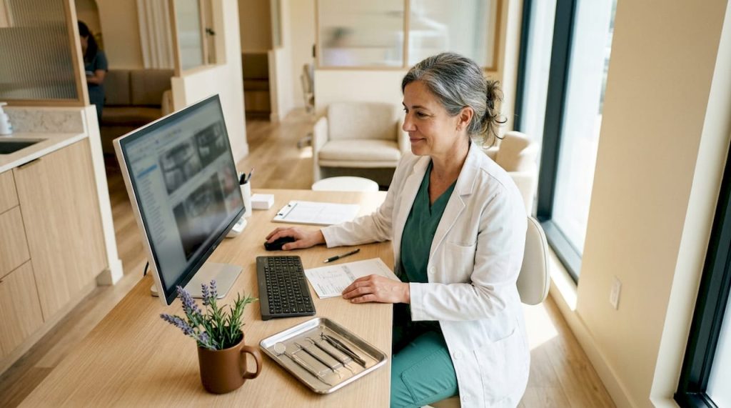 Medicul stomatolog analizează rezultatele unui diagnostic dentar incipient pe tabletă.
