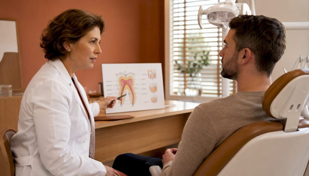 Medic stomatolog care îi explică pacientului ce înseamnă sensibilitatea dentară și de ce apare