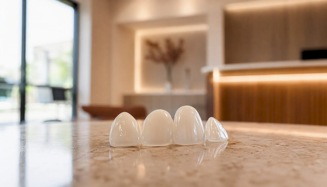Imagine detaliată cu fațete dentare aplicate într-o clinică de estetică dentară