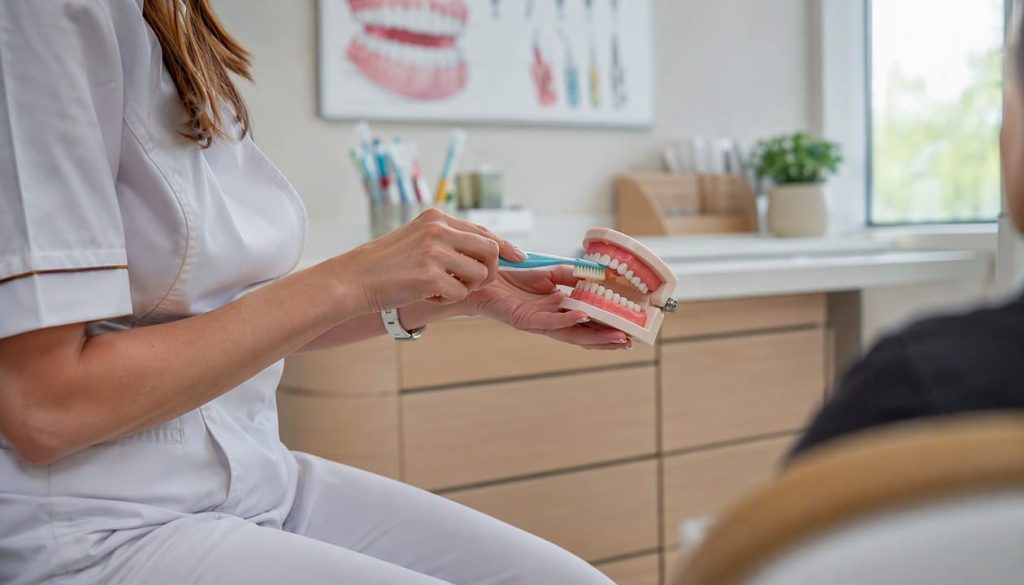 Medic stomatolog specializat în pedodonție arată copiilor, pe un model dentar, cum se face corect periajul dinților.