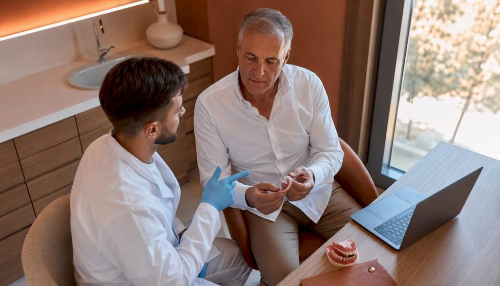 Pacientul analizează împreună cu medicul stomatolog o proteză dentară mobilă.