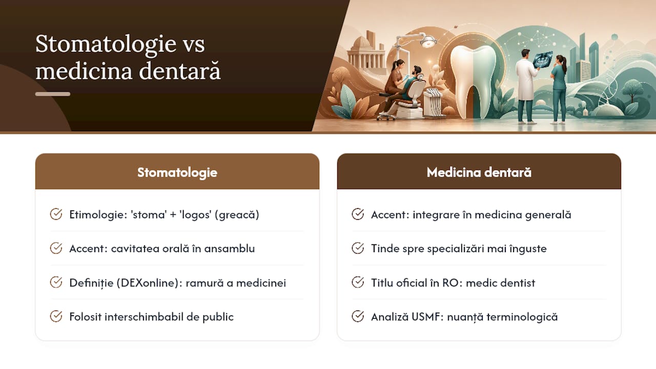 De unde vine termenul „stomatologie” și ce diferențe terminologice trebuie să cunoști — overview diagram