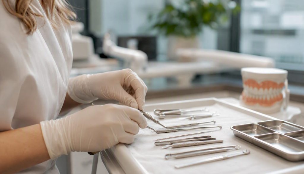 Mâinile medicului stomatolog pregătite cu instrumentele necesare