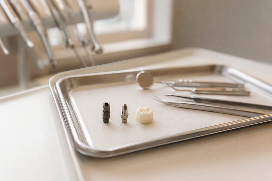Componentele unui implant dentar pe tava clinică