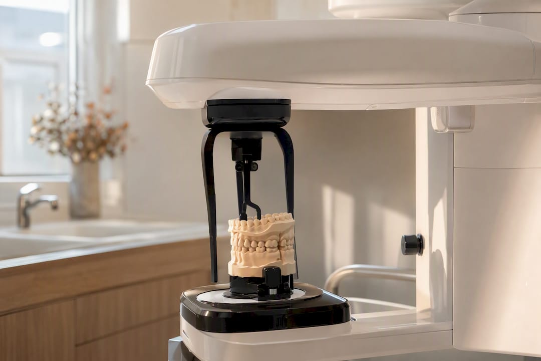 Brațul scanerului CBCT deasupra unui model dentar