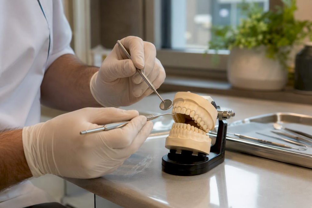 Medic stomatolog care prezintă instrumente dentare lângă un model de maxilar