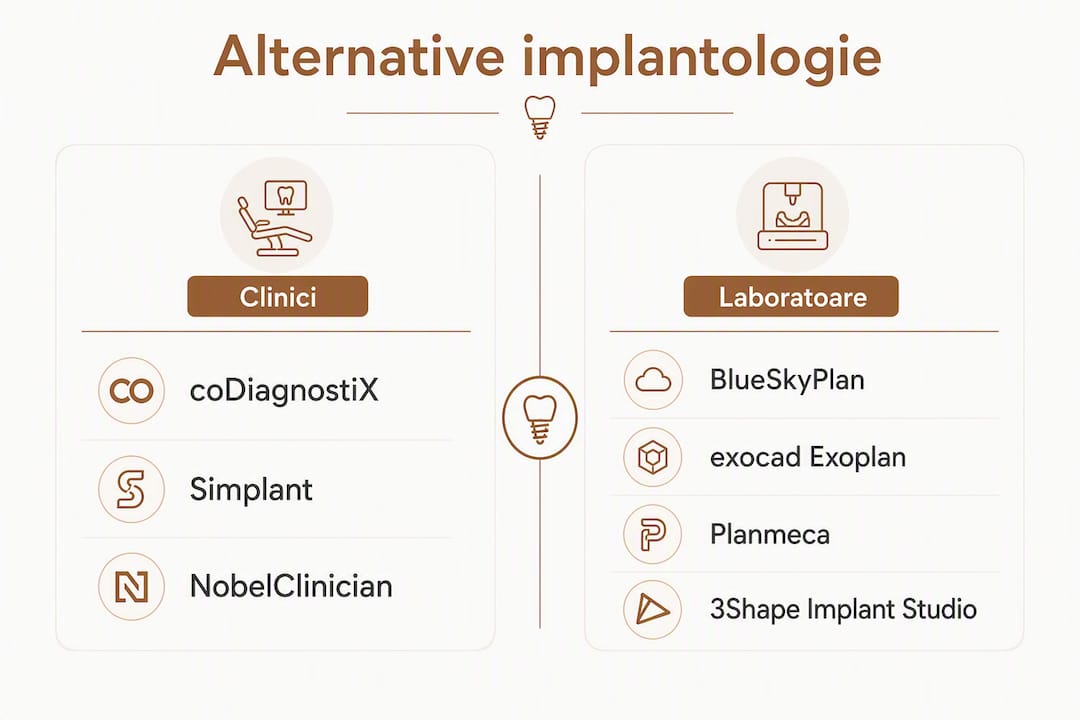 Infografic despre principalele soluții software de implantologie, cu comparații între opțiunile disponibile pentru clinici și laboratoare stomatologice.