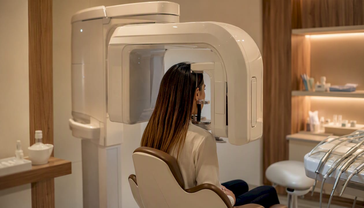 Pacientul este așezat în poziția corectă pentru scanarea cu aparatul CBCT 3D dentar.
