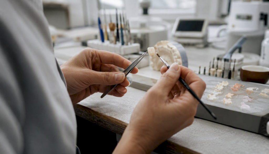 Mâinile unui tehnician modelează cu atenție o fațetă dentară ceramică în laborator.