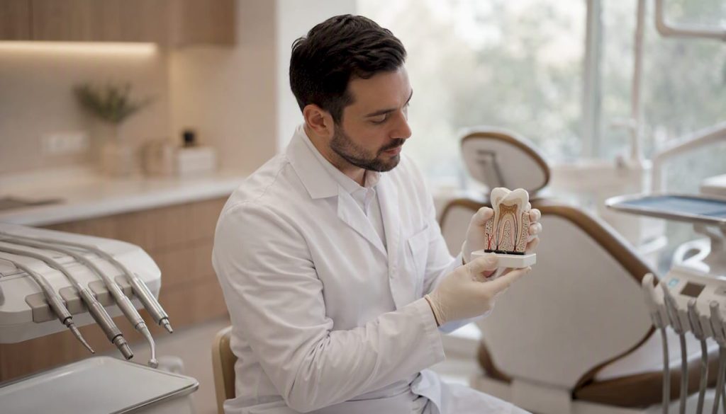 Mâinile medicului stomatolog lucrând cu un implant dentar și modele protetice