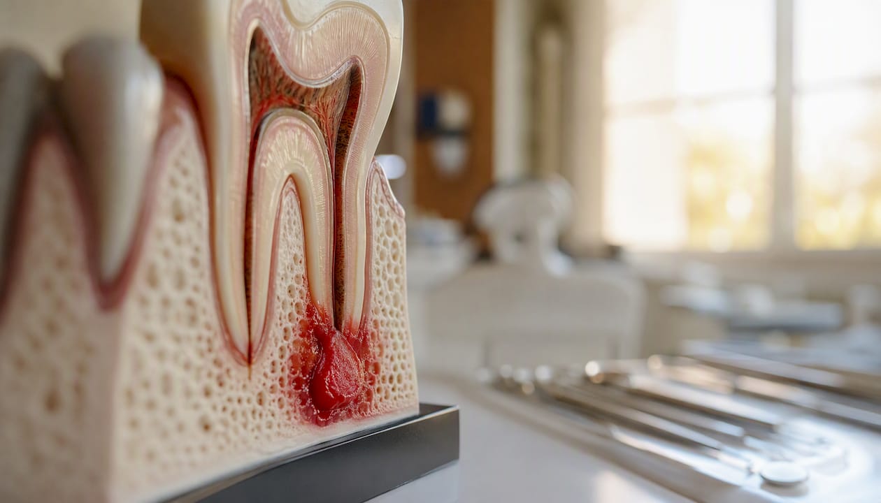 Model dentar care ilustrează o inflamație la vârful rădăcinii