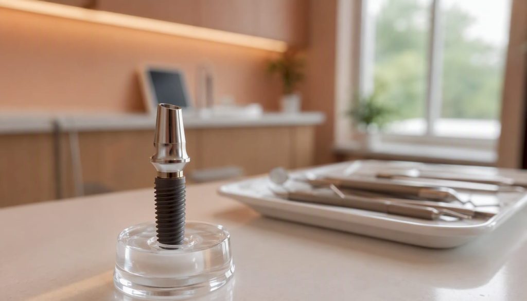 Imagine detaliată cu bont de vindecare montat pe implant dentar