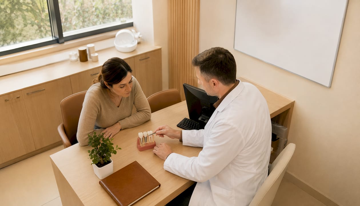 Medicul stomatolog îi explică pacientei ce presupune puntea dentară fixă și cum îi poate îmbunătăți zâmbetul.