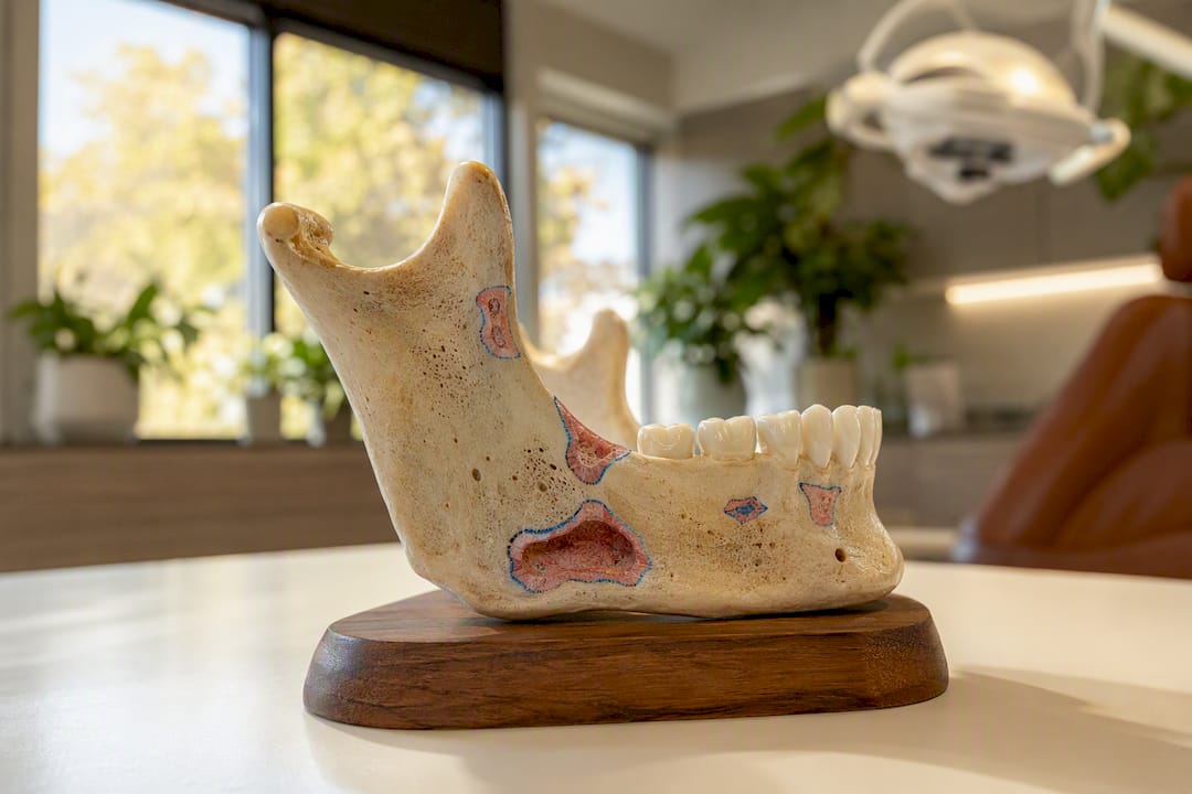 Model de os mandibular care arată resorbția osoasă