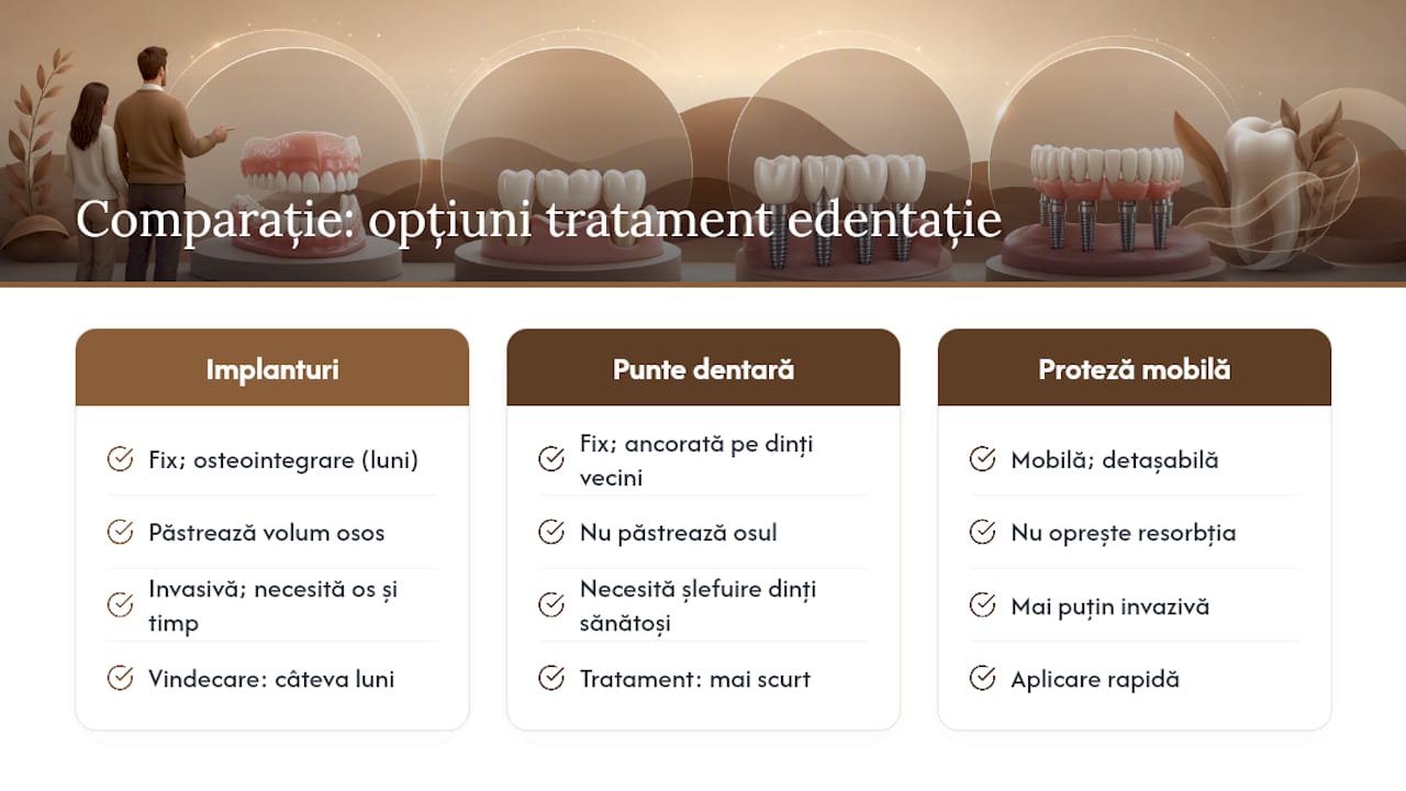 Grafic comparativ între implant dentar, punte și proteză dentară